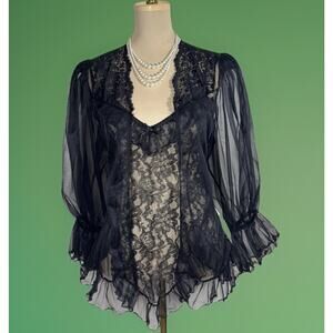 Vintage Sheer Black Lace | 2 Piece Cami And Robe | Chiffon |Dark Romance| Witchy